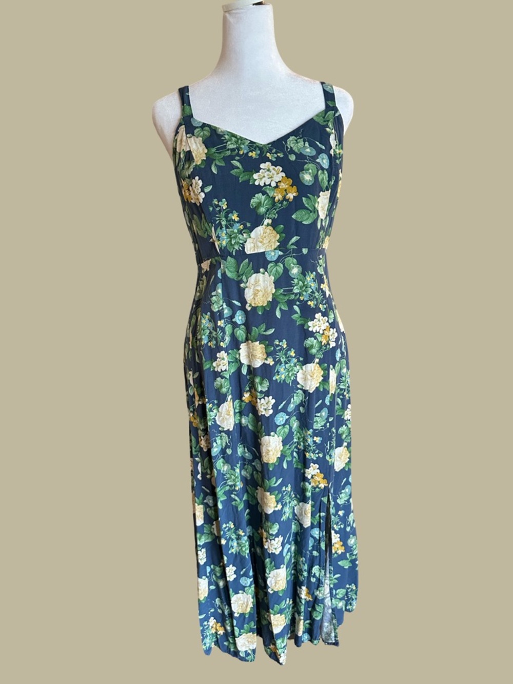 Old Navy Navy Floral Midi Dress with Yellow Rose Print